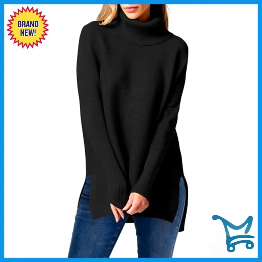 Oversized Turtleneck Batwing Sleeve Split Hem Knit Pullover Sweater - Picture 5 of 7